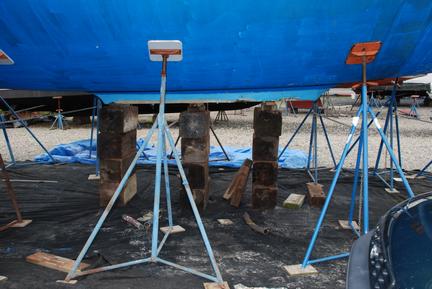 Boat Blocked on twelve inch wood timbers keel off